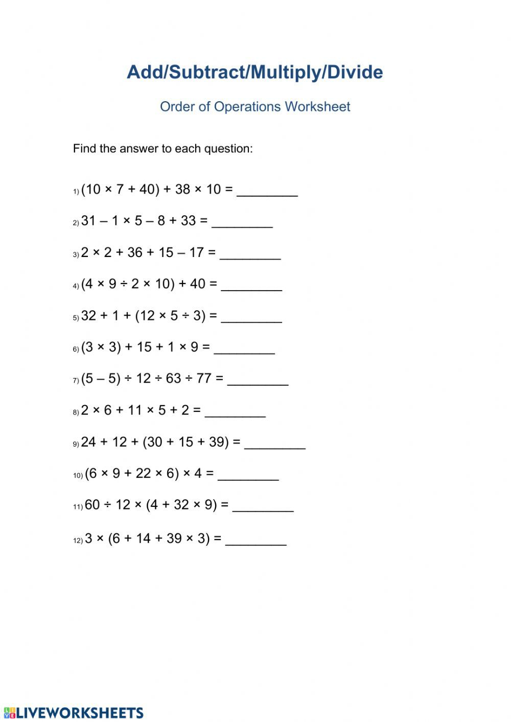 30 Order Of Operations Integers Worksheet Pdf