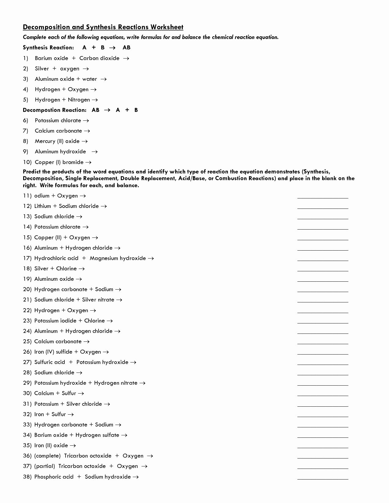 30 Type Of Reactions Worksheet Answer Key