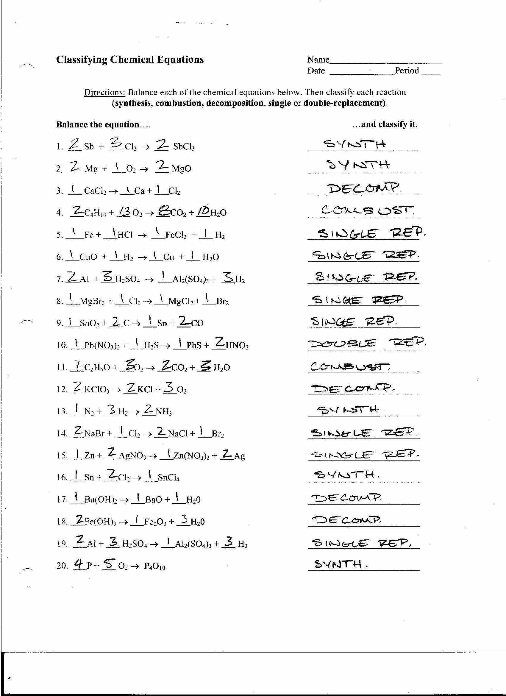 30 Type Of Reactions Worksheet Answer Key