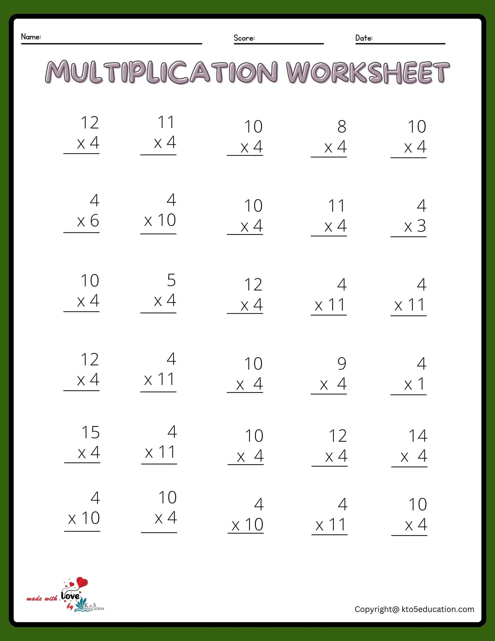 30 Second Grade Multiplication Worksheets Free