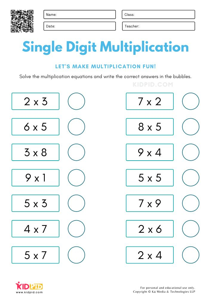 30 Single Digit Multiplication Worksheets Free